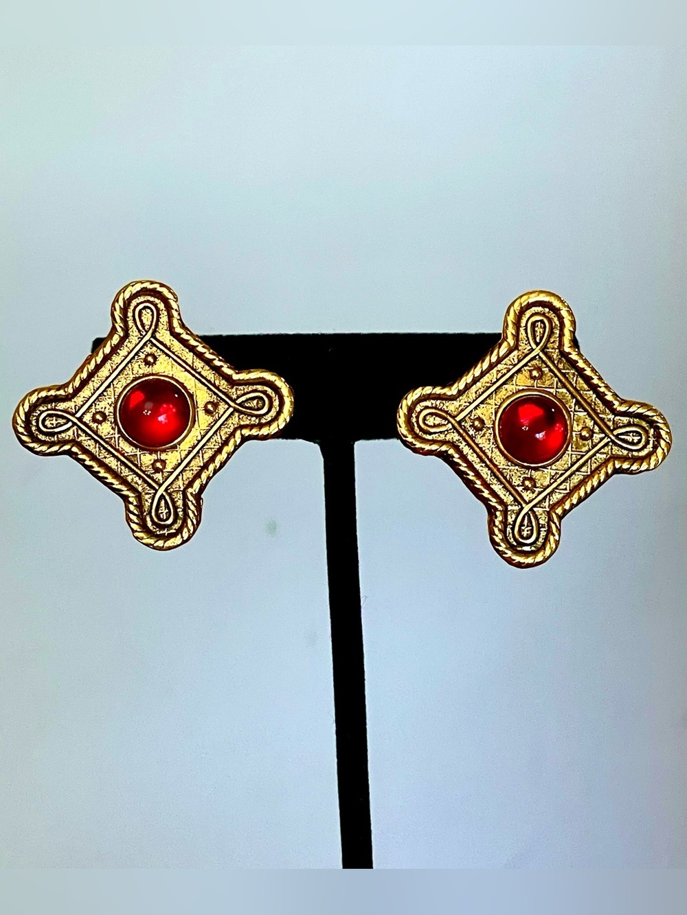 Vintage Gold Tone Red Dome Cabochon Earrings Diamond Square Etruscan Renaissance